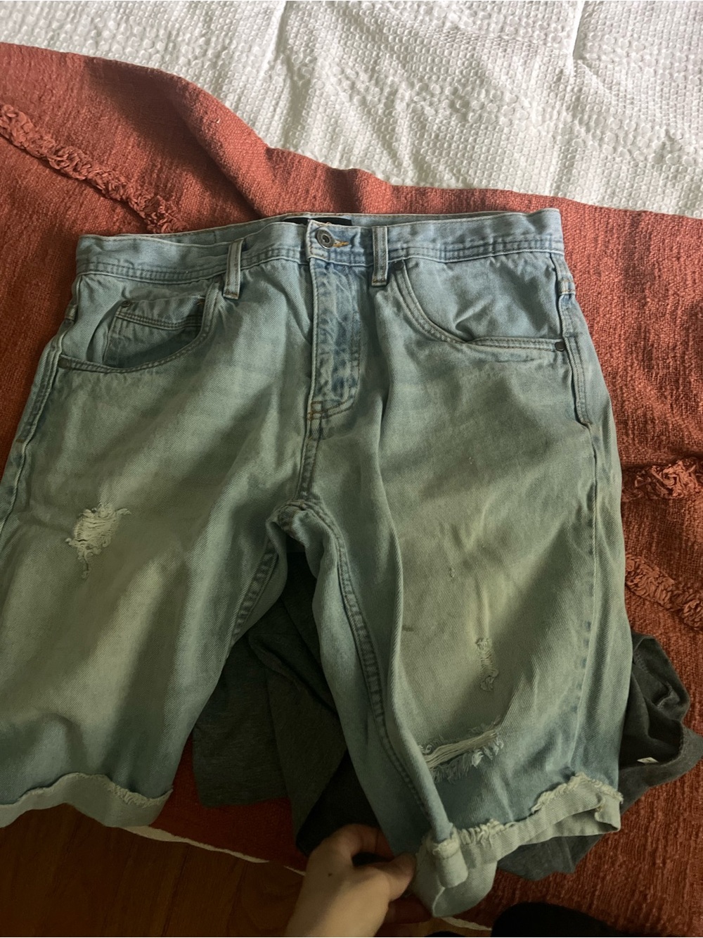 Men's Washed Light Blue Distressed Denim Jean Shorts